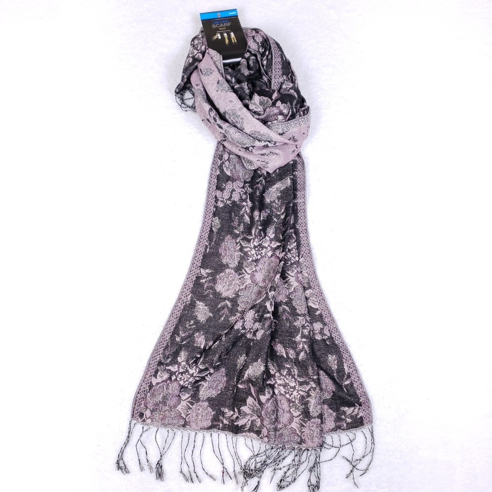 Mixit Oblong Scarf Black Purple Floral Jacquard Fringe Wrap Versatile Wear